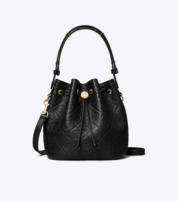 Borsa a secchiello con T Monogram in pelle martellata Borsa a secchiello con T Monogram in pelle martellata