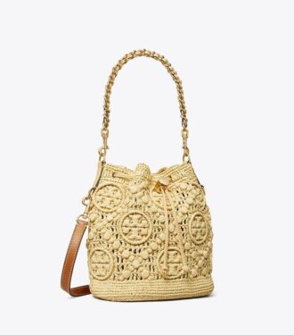 Borsa a secchiello in rafia con monogramma T Monogram