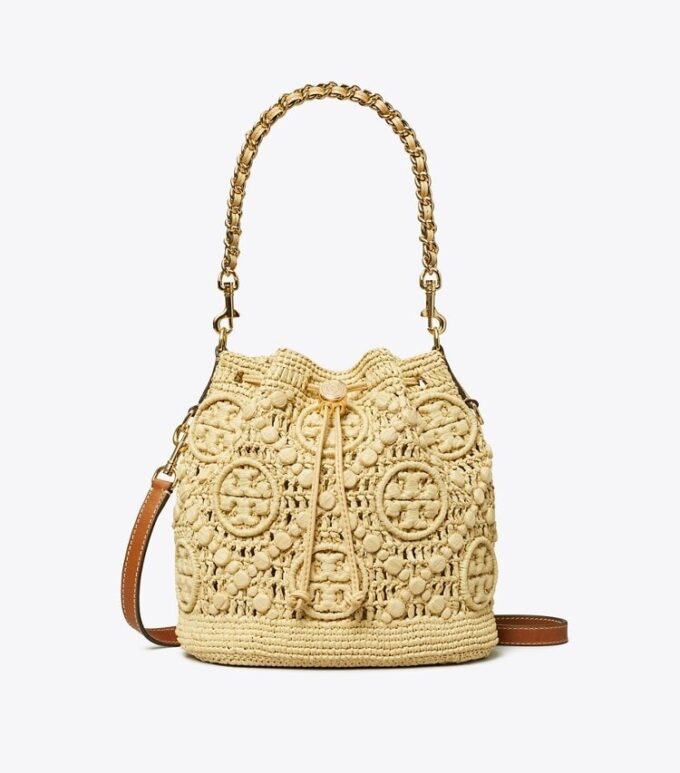 Borsa a secchiello in rafia con monogramma T Monogram Borsa a secchiello in rafia con monogramma T Monogram