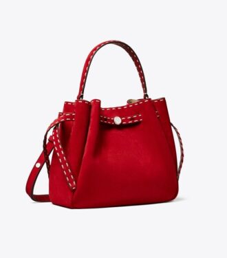 Borsa a secchiello Romy in pelle scamosciata con cuciture a vista