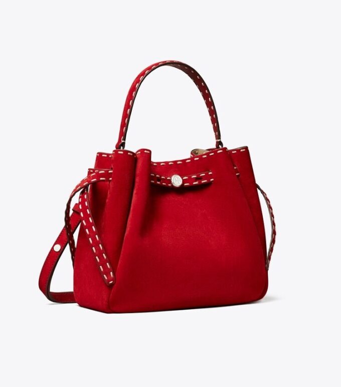 Borsa a secchiello Romy in pelle scamosciata con cuciture a vista