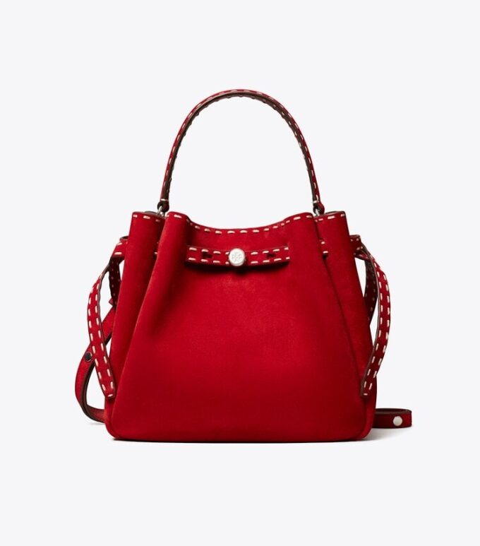 Borsa a secchiello Romy in pelle scamosciata con cuciture a vista