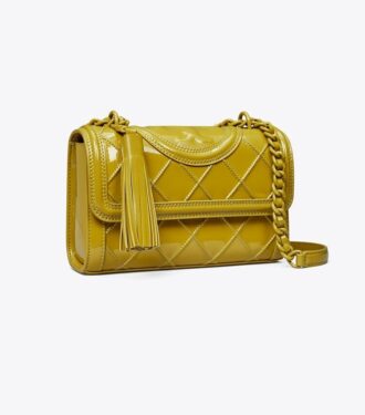 Borsa a tracolla convertibile piccola con pieghe in vernice Fleming
