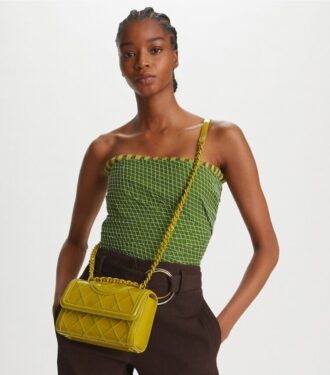 Borsa a tracolla convertibile piccola con pieghe in vernice Fleming