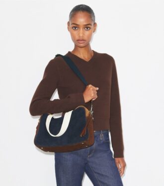 Borsa a tracolla in pelle scamosciata color block