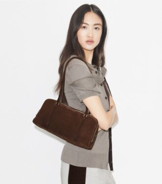 Borsa a tracolla piccola in pelle scamosciata Marshmallow