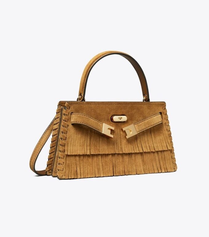 Borsa con manici Mini Lee Radziwill in pelle scamosciata con frange