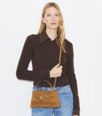 Borsa con manici Mini Lee Radziwill in pelle scamosciata con frange