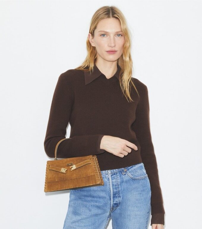 Borsa con manici Mini Lee Radziwill in pelle scamosciata con frange