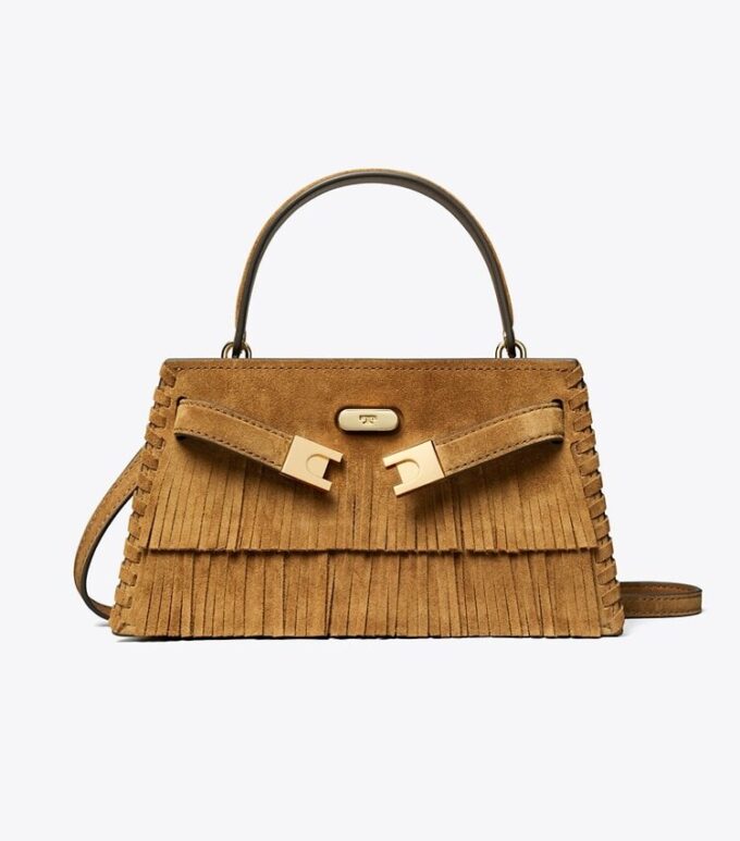 Borsa con manici Mini Lee Radziwill in pelle scamosciata con frange