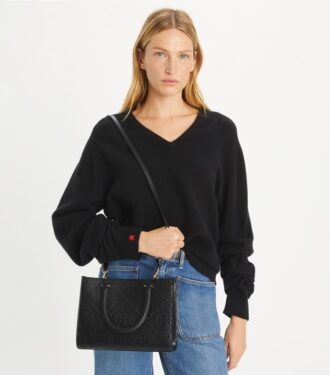 Borsa tote con manici superiori e motivo T Monogram in rilievo