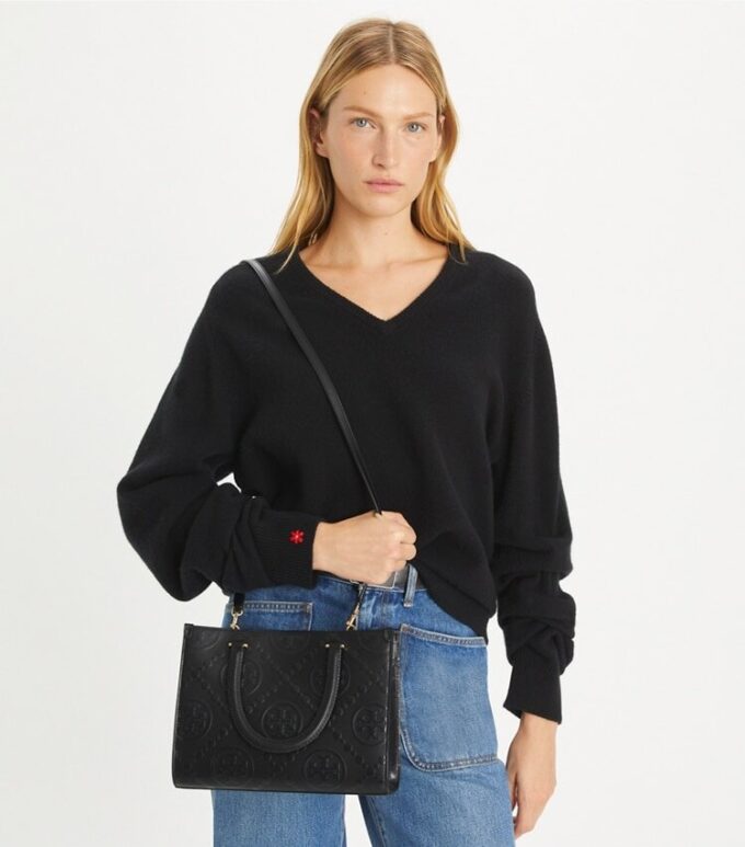 Borsa tote con manici superiori e motivo T Monogram in rilievo