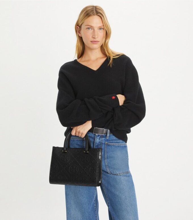 Borsa tote con manici superiori e motivo T Monogram in rilievo