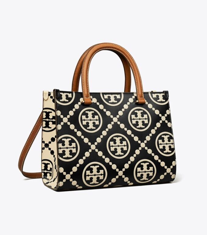 Borsa tote con manici superiori in pelle goffrata a contrasto T Monogram T
