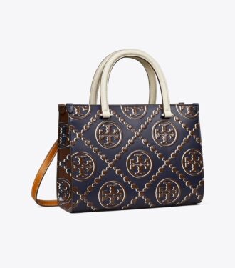 Borsa tote con manici superiori in pelle goffrata a contrasto T Monogram T