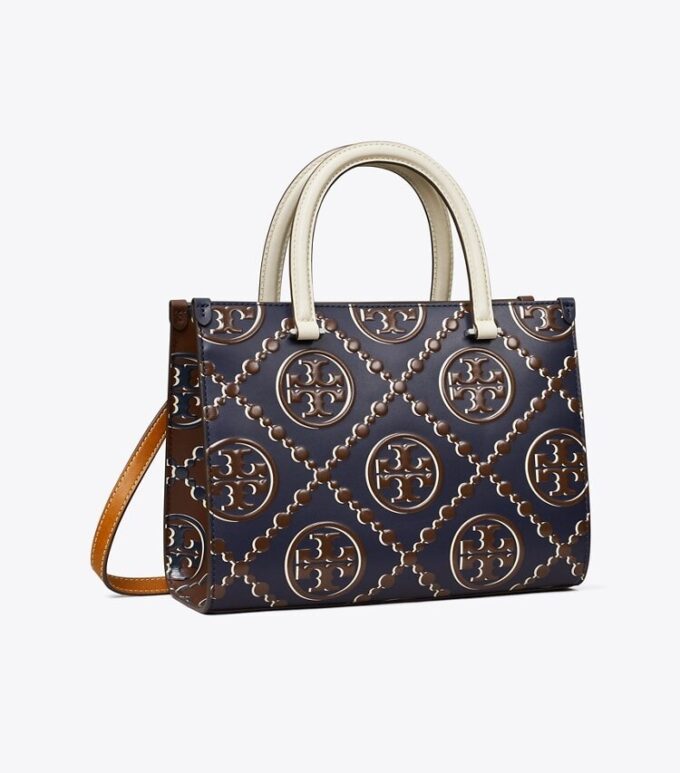 Borsa tote con manici superiori in pelle goffrata a contrasto T Monogram T