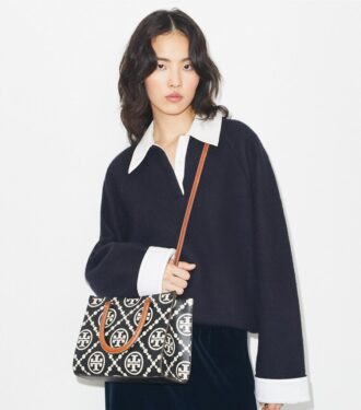 Borsa tote con manici superiori in pelle goffrata a contrasto T Monogram T