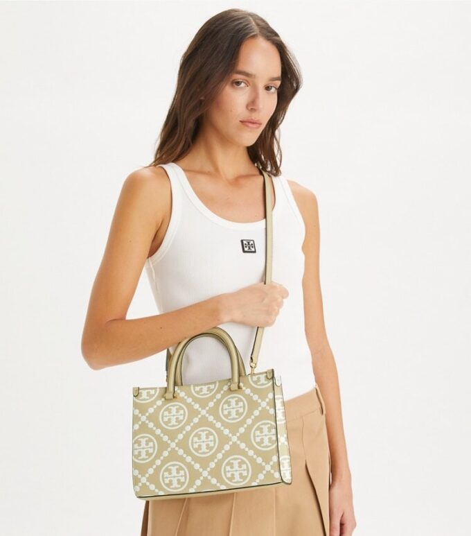 Borsa tote con manici superiori in pelle goffrata a contrasto T Monogram T