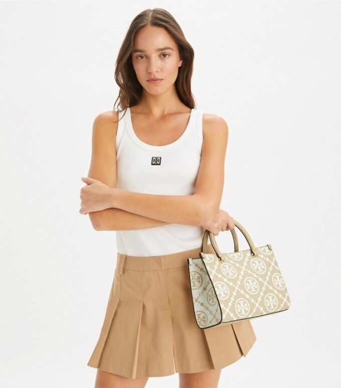 Borsa tote con manici superiori in pelle goffrata a contrasto T Monogram T