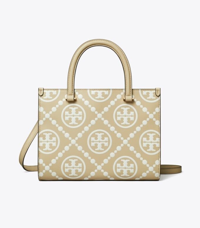 Borsa tote con manici superiori in pelle goffrata a contrasto T Monogram T