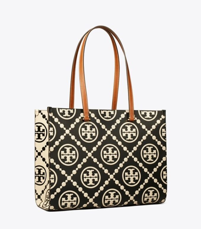 Borsa tote con monogramma T in rilievo a contrasto