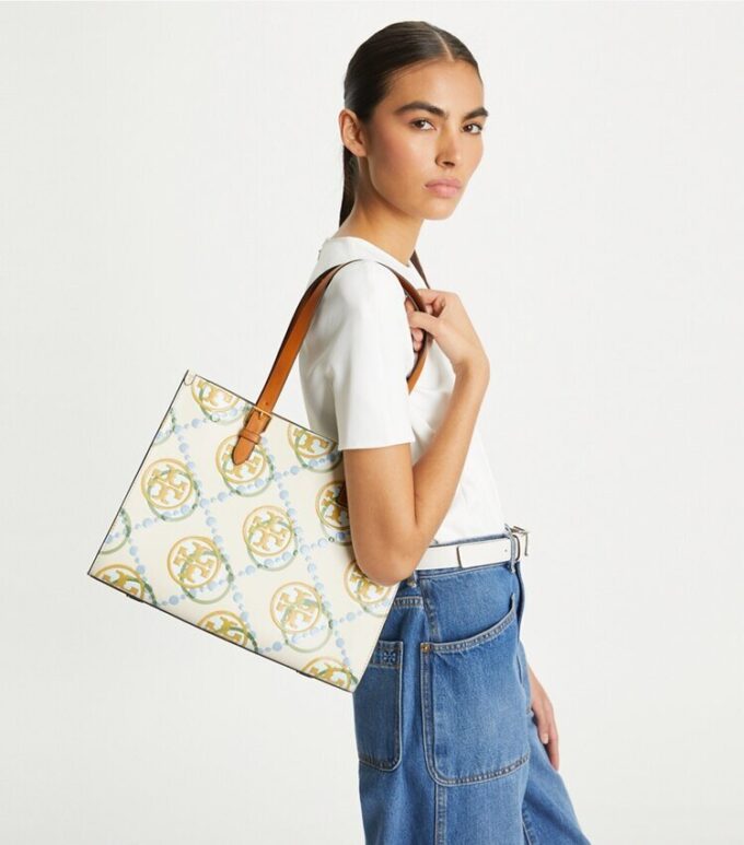 Borsa tote piccola con T Monogram in rilievo a contrasto