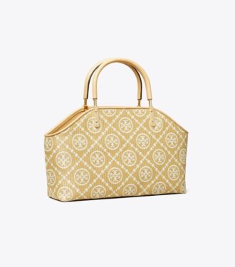 Borsa tote piccola in rafia con monogramma T Monogram