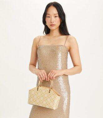 Borsa tote piccola in rafia con monogramma T Monogram