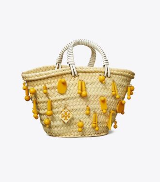 Borsa tote piccola in rafia ricamata