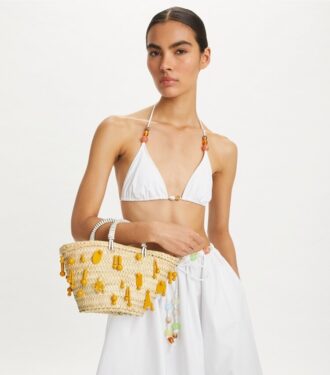 Borsa tote piccola in rafia ricamata