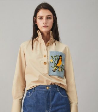 Camicia in popeline di cotone con ricami a punto croce