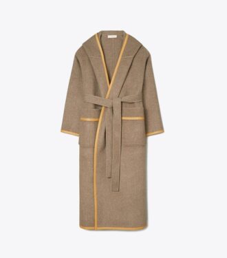 Cappotto avvolgente con cappuccio in lana double-face