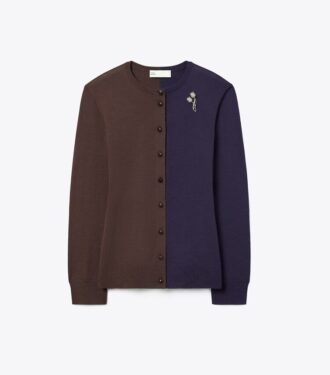 Cardigan in lana con spilla color block