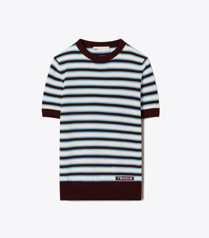 Maglia da tennis a maniche corte a righe in cashmere Maglia da tennis a maniche corte a righe in cashmere