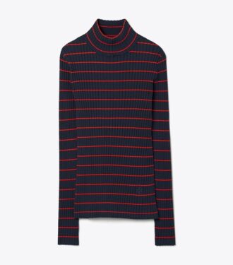 Maglione a collo alto in maglia morbida a coste a righe Maglione a collo alto in maglia morbida a coste a righe