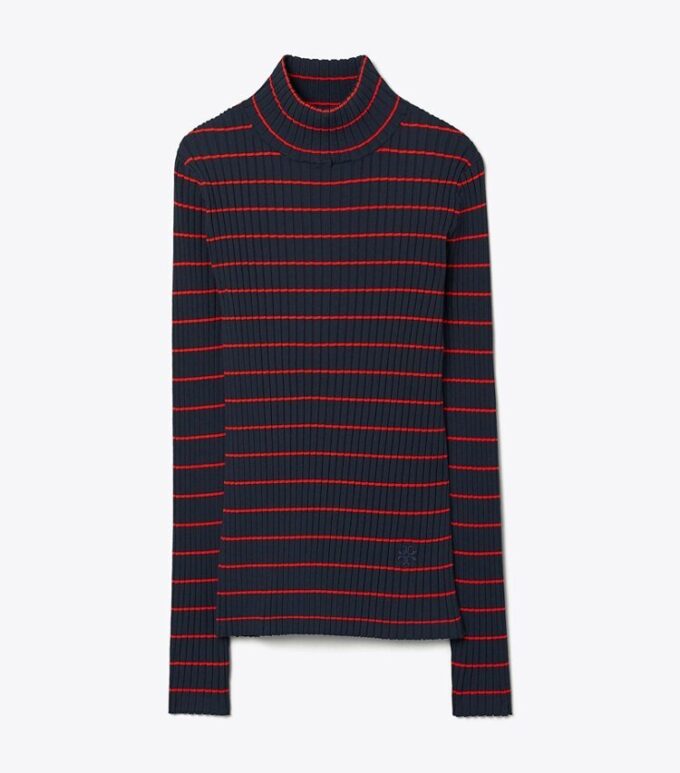 Maglione a collo alto in maglia morbida a coste a righe Maglione a collo alto in maglia morbida a coste a righe