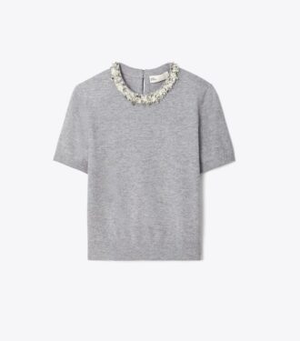 Maglione a maniche corte in lana e paillettes