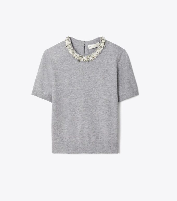 Maglione a maniche corte in lana e paillettes Maglione a maniche corte in lana e paillettes