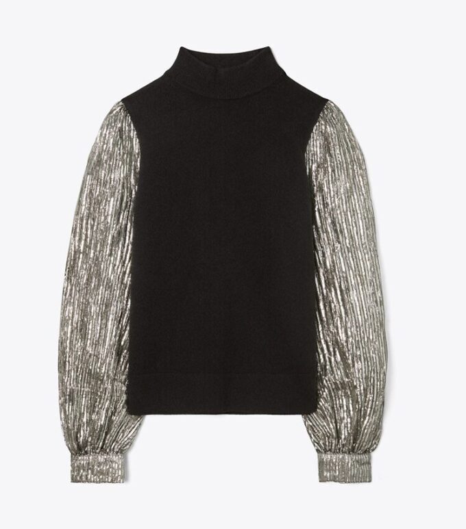Maglione con maniche in lamé a righe increspate