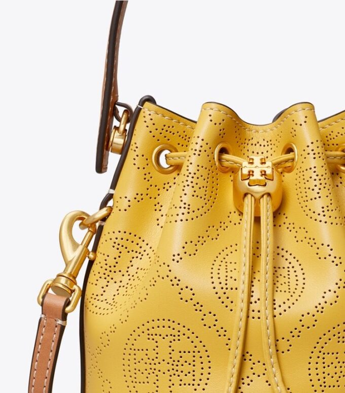 Mini borsa a secchiello in pelle traforata con T Monogram Mini borsa a secchiello in pelle traforata con T Monogram