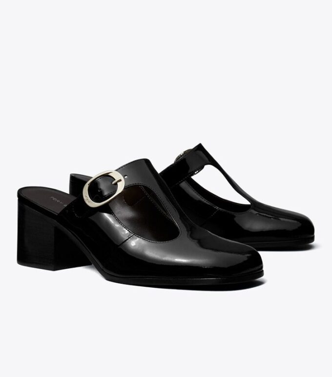 Mule con tacco e cinturino a T viola Mule con tacco e cinturino a T viola