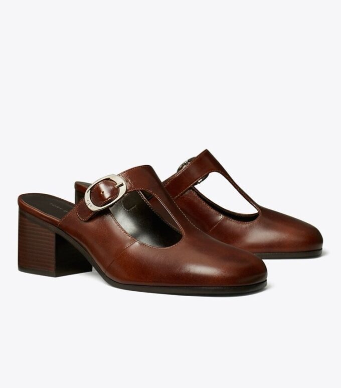 Mule con tacco e cinturino a T viola Mule con tacco e cinturino a T viola