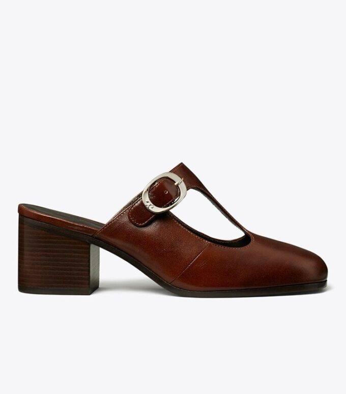 Mule con tacco e cinturino a T viola Mule con tacco e cinturino a T viola