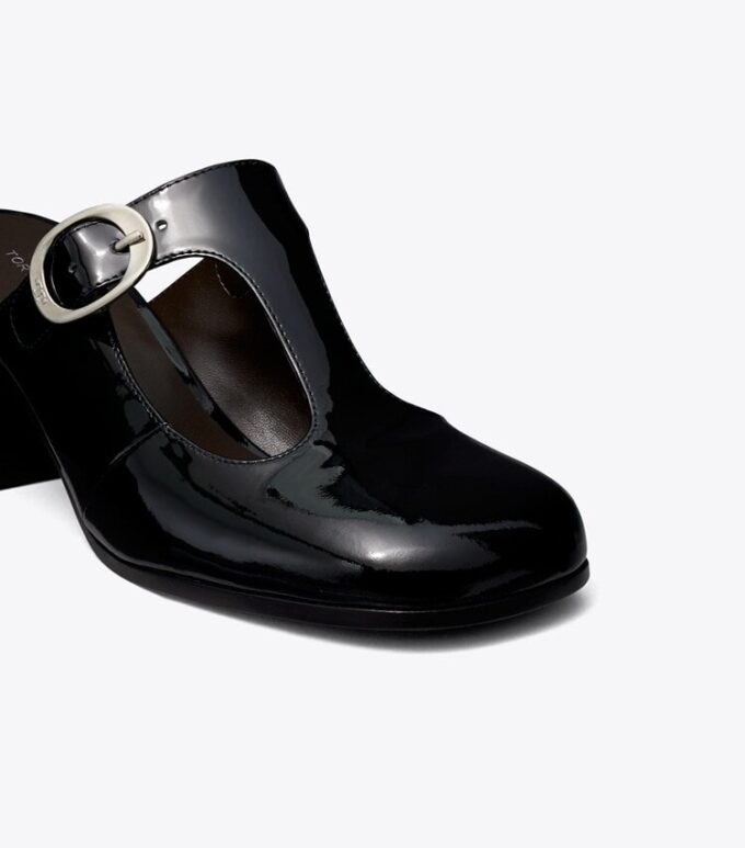 Mule con tacco e cinturino a T viola Mule con tacco e cinturino a T viola