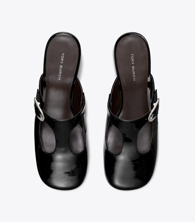 Mule con tacco e cinturino a T viola Mule con tacco e cinturino a T viola