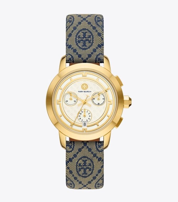 Orologio Tory con T Monogram, blu navy/acciaio inossidabile dorato, 37 x 37 mm Orologio Tory con T Monogram, blu navy/acciaio inossidabile dorato, 37 x 37 mm