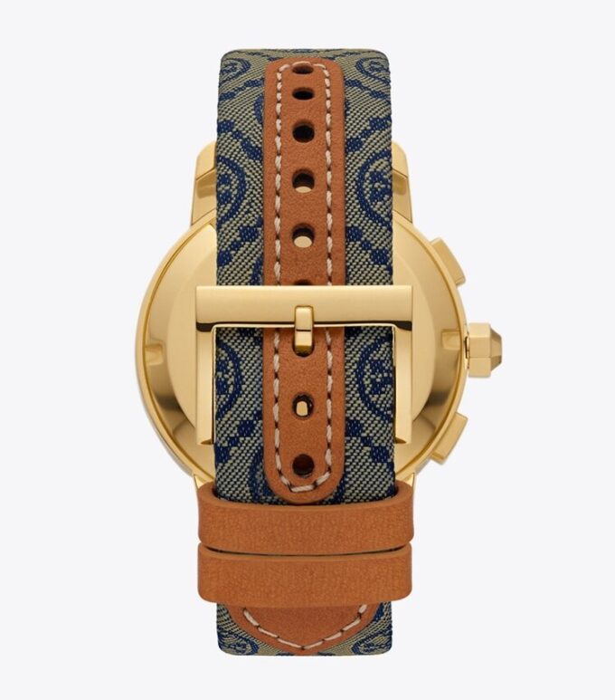 Orologio Tory con T Monogram, blu navy/acciaio inossidabile dorato, 37 x 37 mm Orologio Tory con T Monogram, blu navy/acciaio inossidabile dorato, 37 x 37 mm