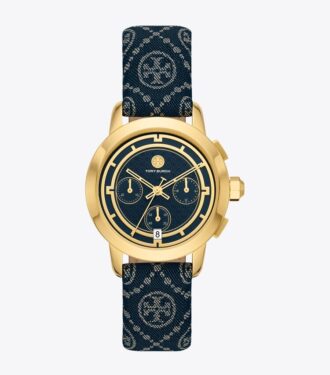 Orologio Tory con T Monogram, pelle/acciaio inossidabile dorato Orologio Tory con T Monogram, pelle/acciaio inossidabile dorato