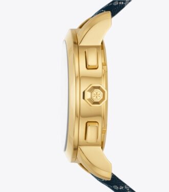 Orologio Tory con T Monogram, pelle/acciaio inossidabile dorato Orologio Tory con T Monogram, pelle/acciaio inossidabile dorato