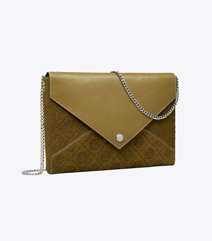 Pochette con catena in pelle scamosciata con T Monogram